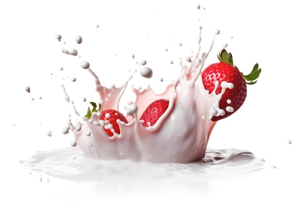 milk or yogurt splash with strawberries isolated on white background AI generated