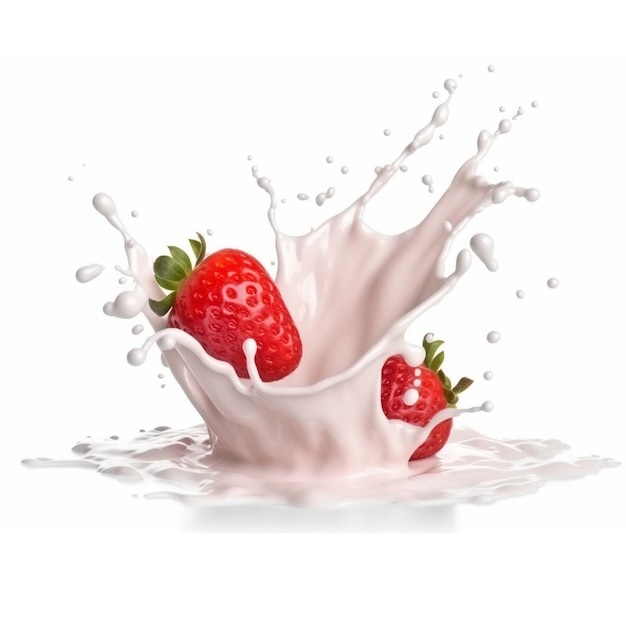 Photo milk or yogurt splash with strawberries isolated on white