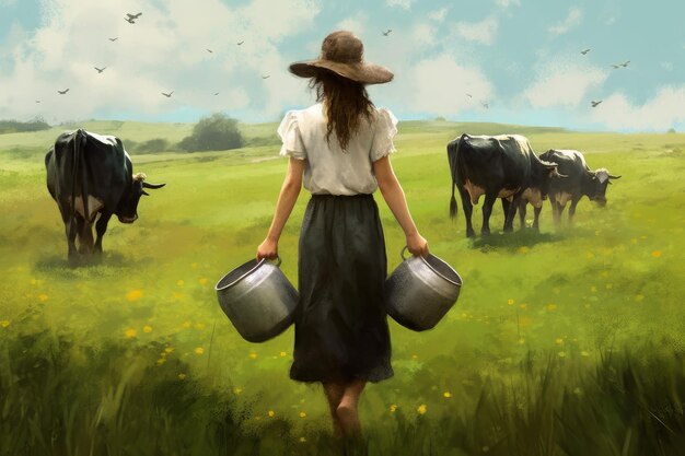 Milkmaid cute girl bucket cows Generate Ai