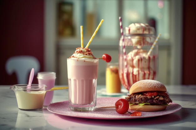 Milkshake and burger served on a diner table created with generative ai