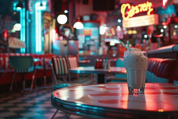 Foto milkshake su un tavolo retro con luci al neon