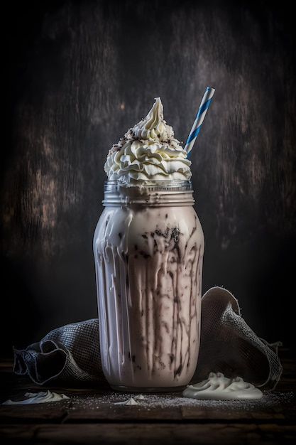 A milkshake with a blue and white straw and a straw.