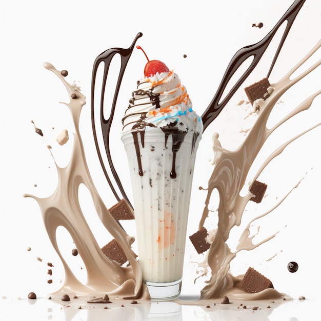 A milkshake with a cherry on top chocolate pieces and splash of chocolate sauce