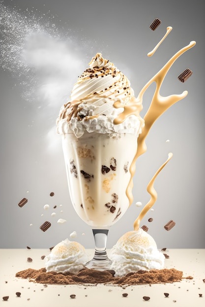 A milkshake with chocolate and peanut butter toppings