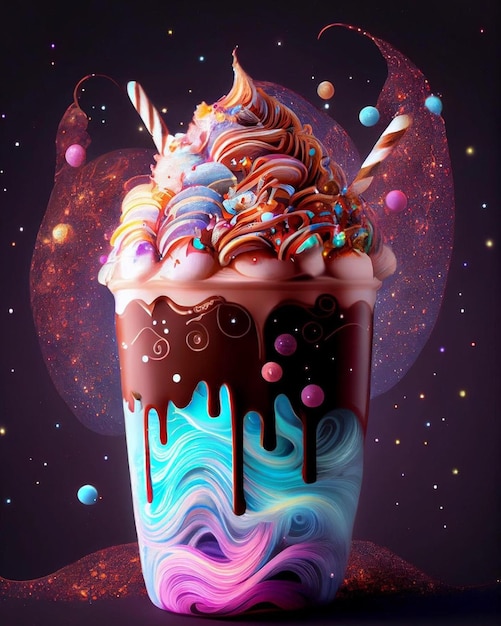 A milkshake with a chocolate sauce and rainbow colors on it.