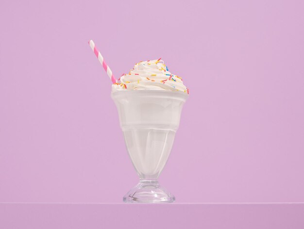 Foto milkshake con crema fritta fresca spruzzati paglia creativa e bevande umore dolce festivo