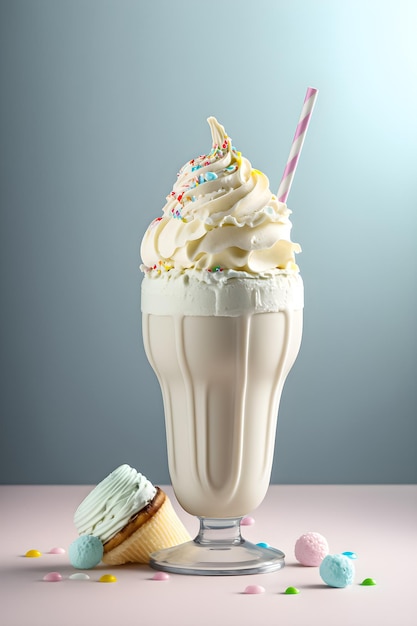 A milkshake with a straw and sprinkles on top