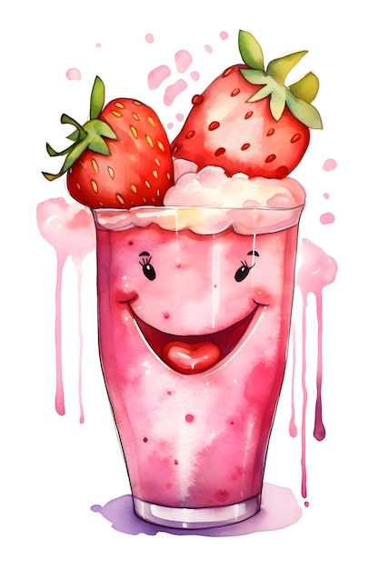 Milkshake with strawberries watercolor Generative AI