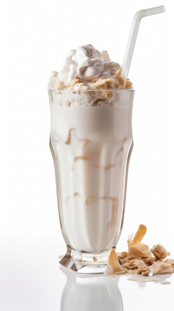 A milkshake with whipped cream and nuts on a white background generative AI