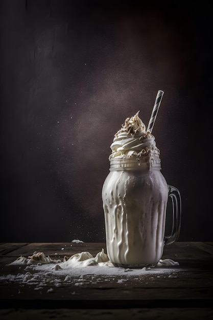 Foto un frappè con panna montata e paglia su uno sfondo scuro.