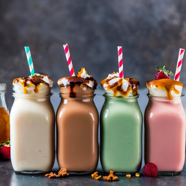 Milkshakes of different flavors on a dark background