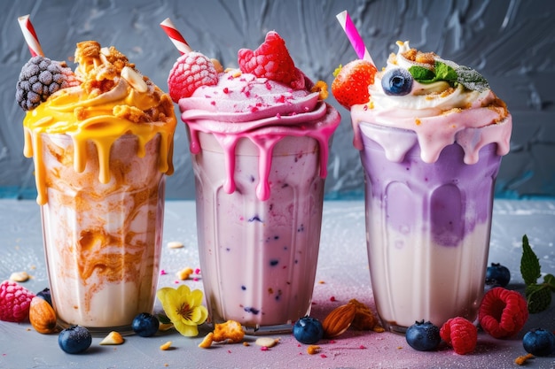 Milkshakes met fruitstroop en bessen drie glazen melk dessert met frambozen bosbessen