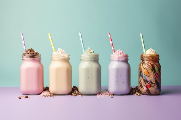 Milkshakes in a row with straws and a straw