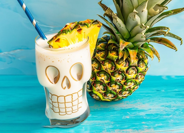 milky coattail garnished with pineapple next bule Mexican skull