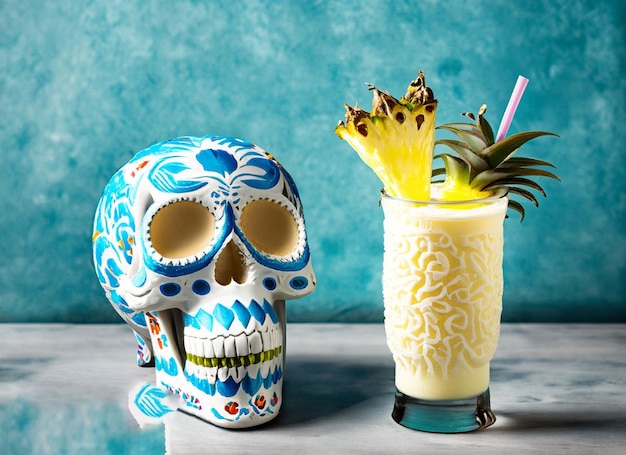 Photo milky coattail garnished with pineapple next bule mexican skull