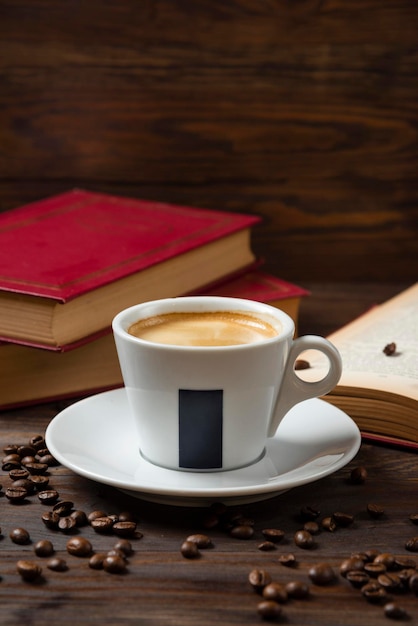 Milky Coffee with beans and book decoration