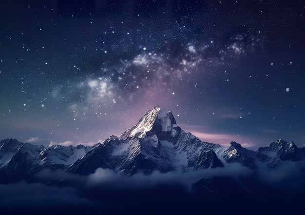 Млечный свет, поднимающийся в ночном небе над пейзажами гор AI Generative
