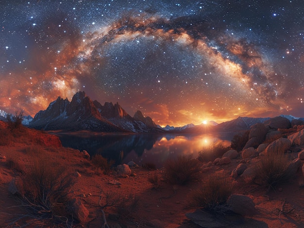 The milky way arching over a quiet mountain landscape