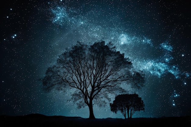 Milky way backdrop trees in a nighttime scene