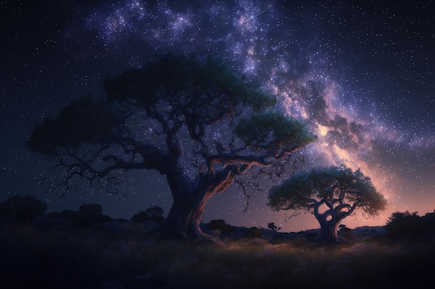 Milky way backdrop trees in a nighttime scene