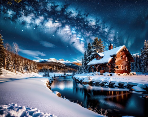 Milky way christmas wooden houses at night