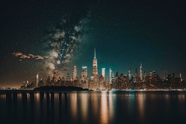 Milky way galaxy Night lights of Midtown Manhattan skyscrapers Ai generative