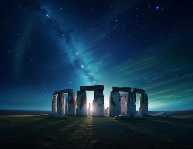 A milky way is visible over a stonehenge with a milky way in the background.