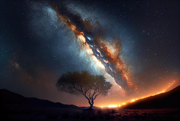 Paesaggio della via lattea con sfondo del cielo notturno stellato illustrazione di arte digitale astrologia e concetto di viaggio ia generativa