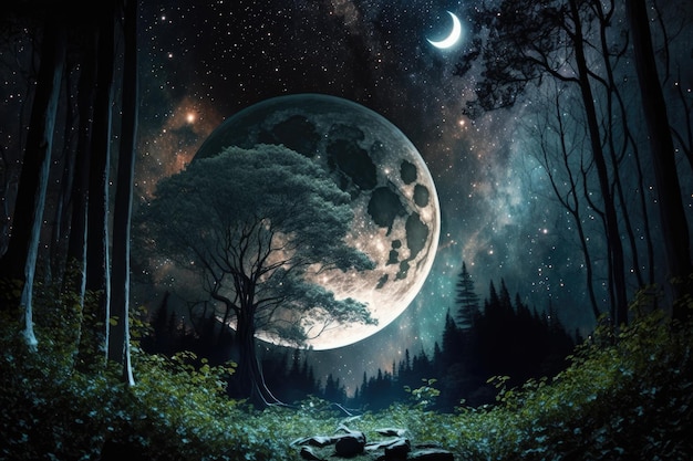 Milky Way And Moon In Night Forest NASA provided this illustration and its component parts