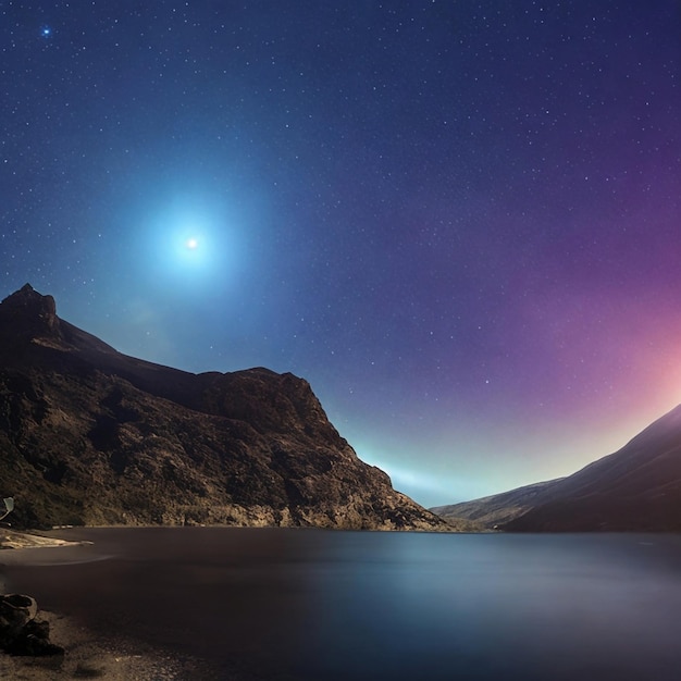 Milky way over a mountain lake with stars and moon in the sky Magical Theme