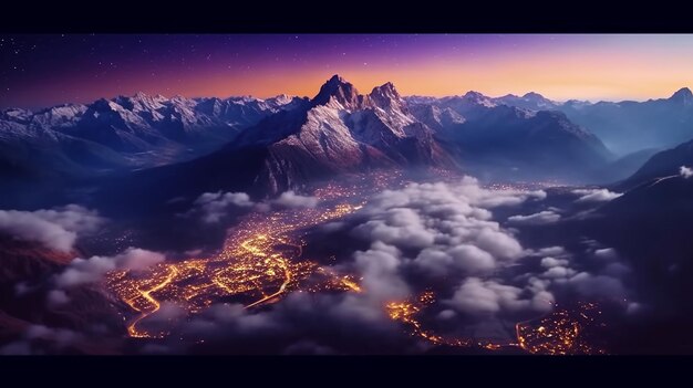 Photo milky way above mountains in fog at night in autumn landscape with alpine mountain valley