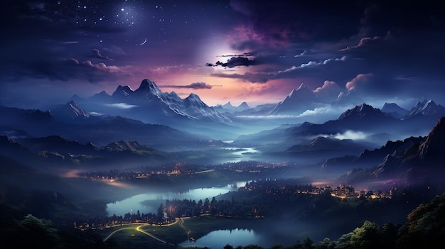 Milky way above mountains in fog at night in autumn landscape with purple starry sky with milky way