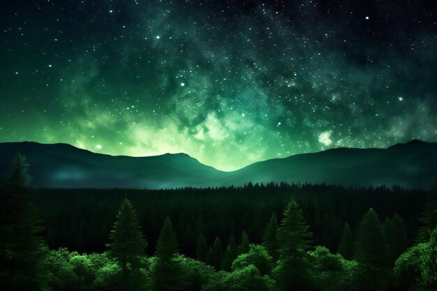 Photo milky way over the mountains at night with stars and silhouette of trees