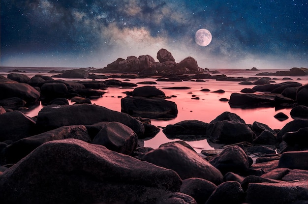 Milky way over the rocky coast of the pacific ocean at night\
background