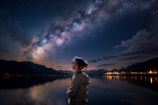 写真 ミルキーウェイ ロマンチックな夜空 星空を眺める女の子 恋する君を愛する