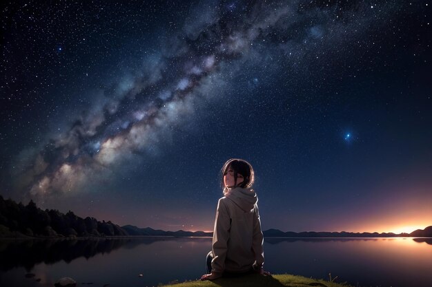 Фото Млечный путь романтическое ночное небо полное звезд девушка смотрит вверх на звездное небо скучаю за тобой