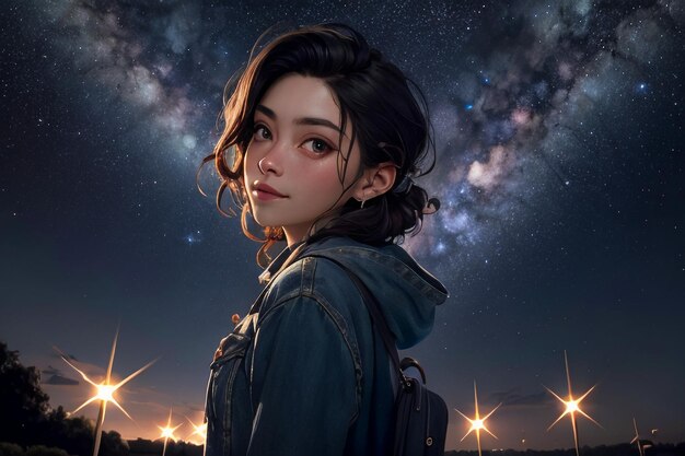 Milky way romantic night sky full of stars the girl looking up at the starry sky miss love you