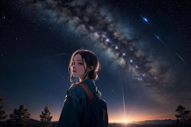 Milky way romantic night sky full of stars the girl looking up at the starry sky miss love you