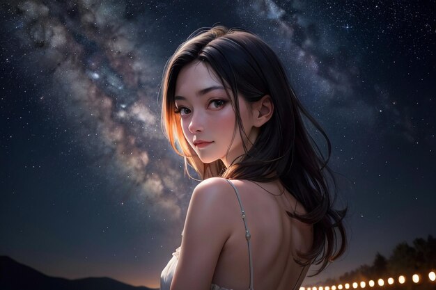 Milky way romantic night sky full of stars the girl looking up at the starry sky miss love you