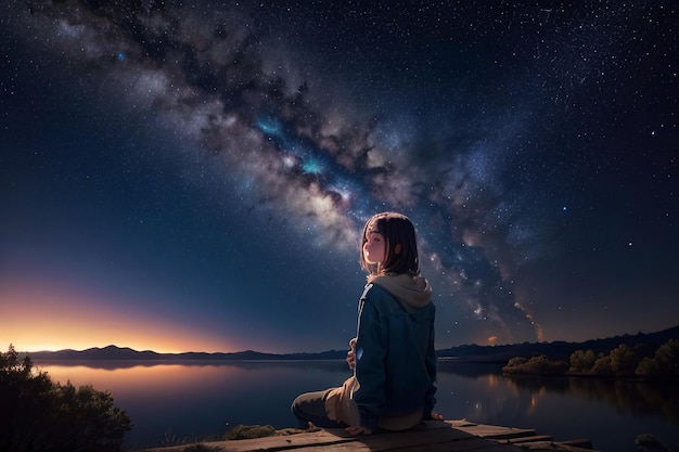 Milky way romantic night sky full of stars the girl looking up at the starry sky miss love you