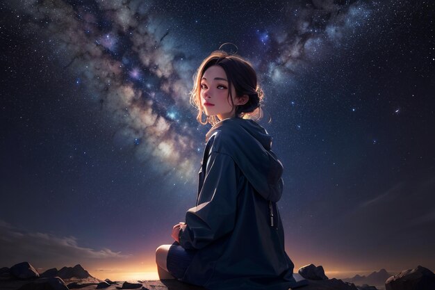 Milky way romantic night sky full of stars the girl looking up at the starry sky miss love you