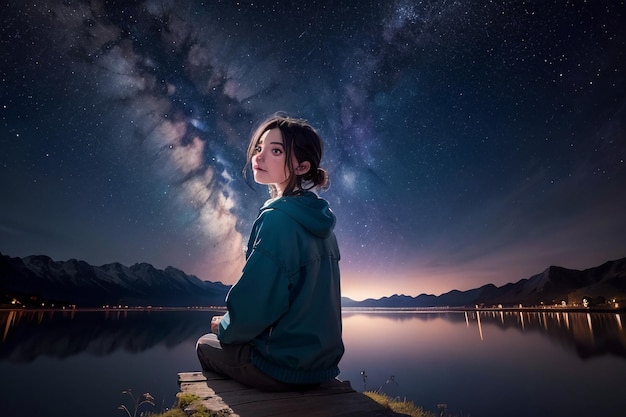 Photo milky way romantic night sky full of stars the girl looking up at the starry sky miss love you