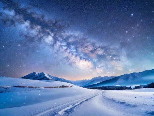 Milky Way above snowy mountain road