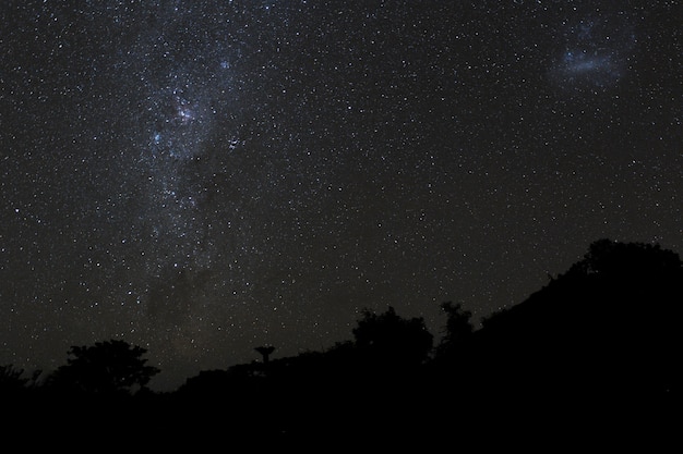 Milky Way and starry night sky over the mountains on the island of Bali.