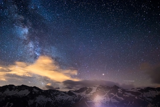Milky Way starry sky rocky mountains at high altitude on the Alps.