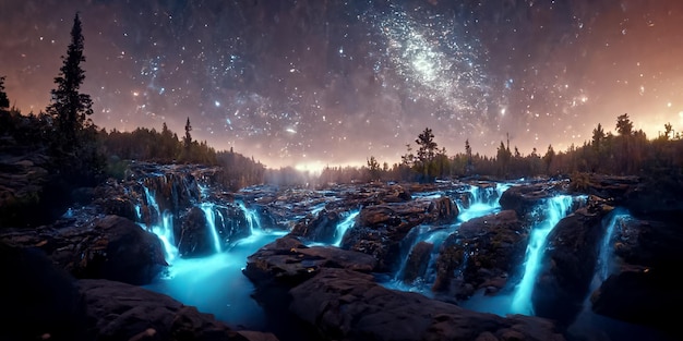 Via lattea con foreste e cascate 3d