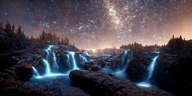 Via lattea con foreste e cascate 3d