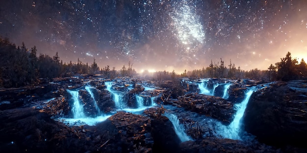 Milky Way with forests and waterfalls 3D