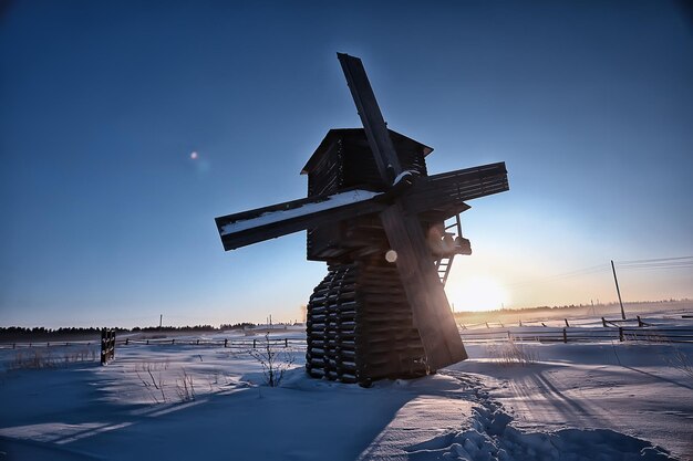 mill winter landscape, Kimzha, windmill wooden architecture