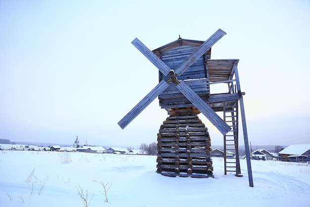 mill winter landscape, Kimzha, windmill wooden architecture